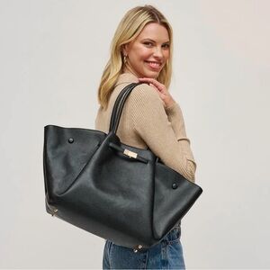 Black Pebbled Leather Tote with Gold Accent